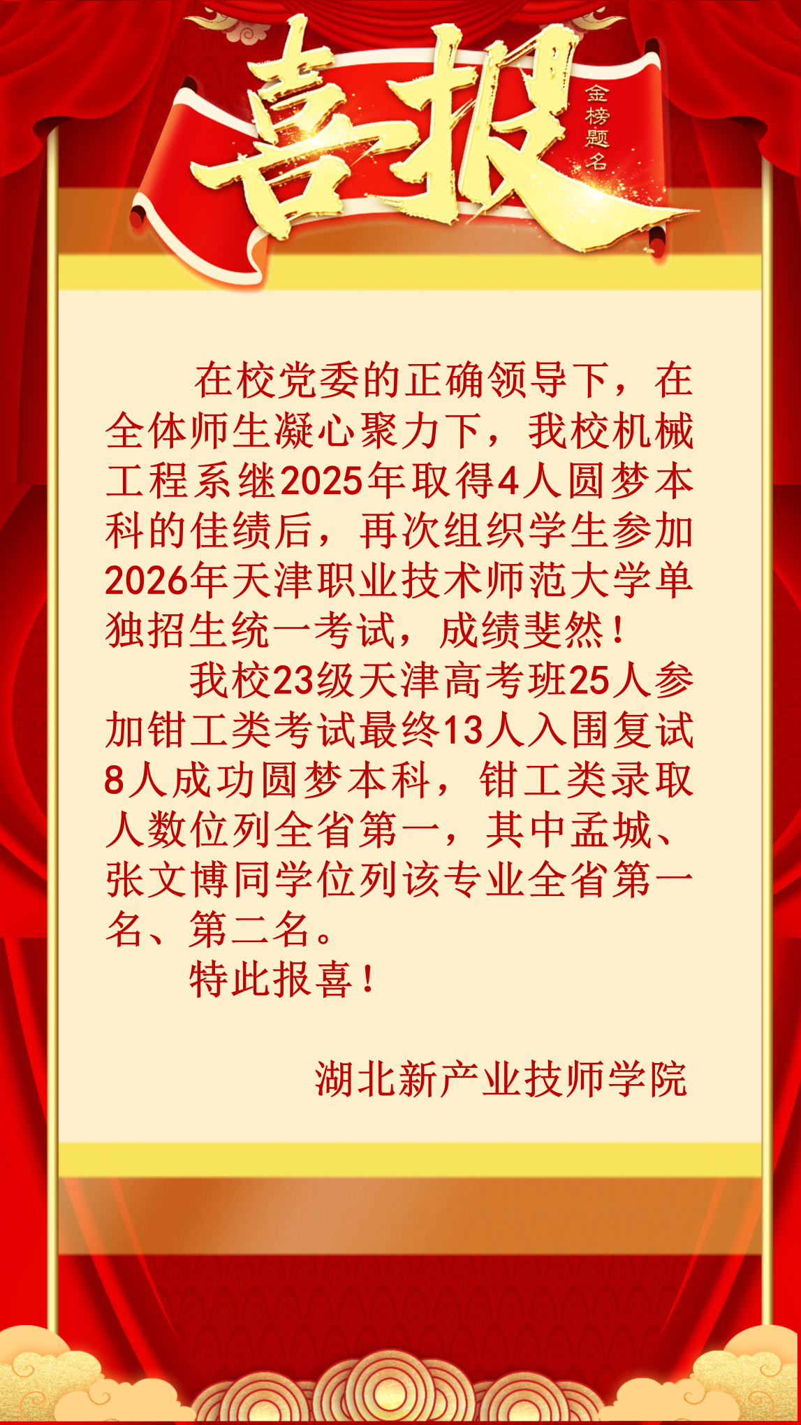 喜报——我校参加天津职业技术师范大学单独招生统一考试再传喜讯